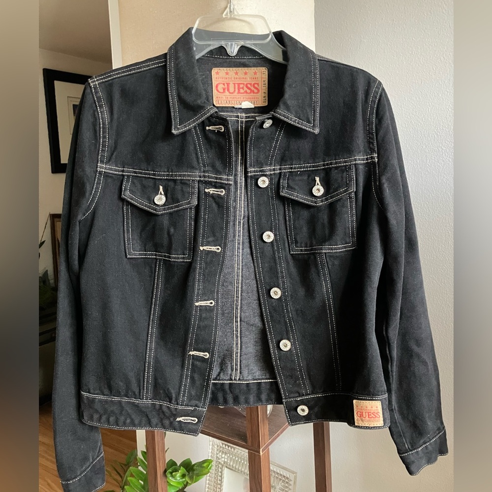 GUESS Black Denim Jacket with White Stitching